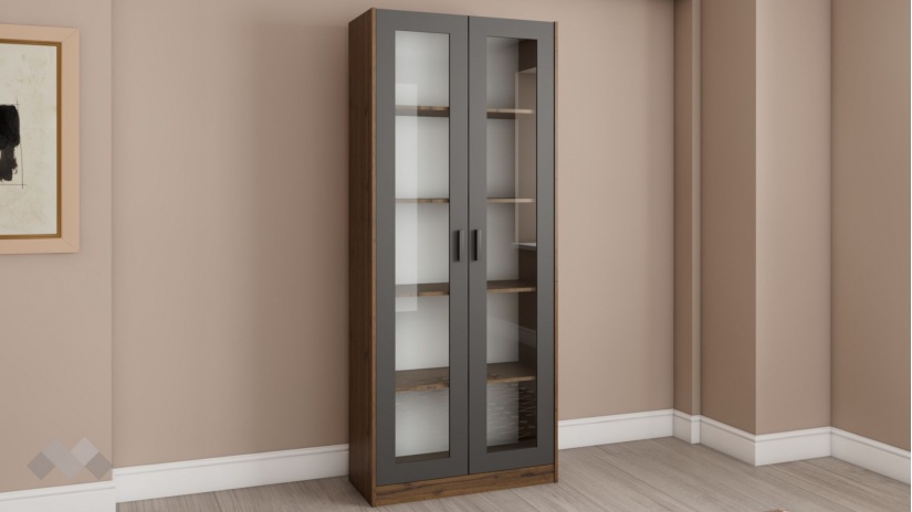 Висок шкаф с витрина Хироу с витрина дъб вотан с черно шагре - изглед 1