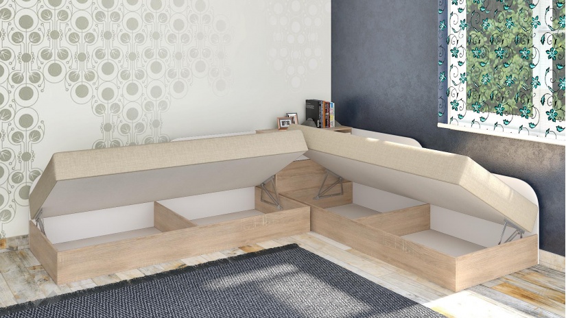 Ъглови легла 82/190 Жизел с включени матраци Бонел 82/190 бяло гладко с дъб - изглед 2 - МебелМаг Ъглови легла 82/190 Жизел с включени матраци Бонел 82/190 бяло гладко с дъб - изглед 2