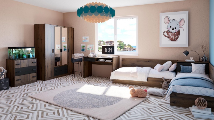 Ъглови легла 82/190 Хироу с включени матраци Бонел 82/190 дъб вотан с черно шагре - изглед 4 - МебелМаг Ъглови легла 82/190 Хироу с включени матраци Бонел 82/190 дъб вотан с черно шагре - изглед 4