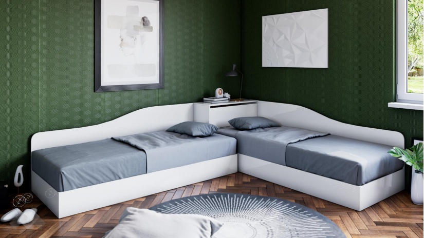 Ъглови легла 82/190 Шайн с включени матраци Бонел 82/190 бял гланц - изглед 1 - МебелМаг Ъглови легла 82/190 Шайн с включени матраци Бонел 82/190 бял гланц - изглед 1