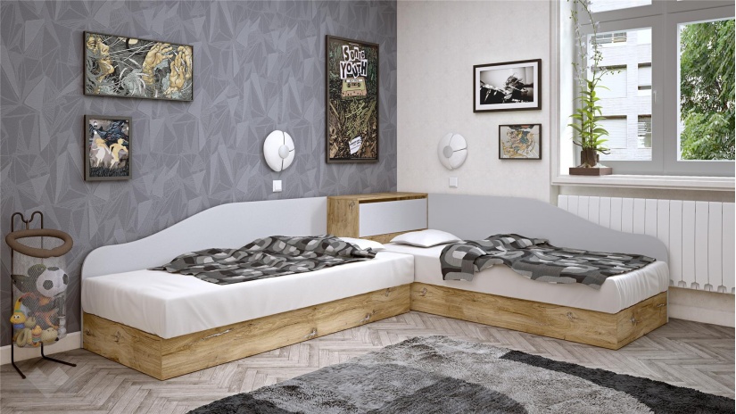 Ъглови легла 82/190 Селтик с включени матраци Бонел 82/190 келтски дъб със светло сиво - изглед 1 - МебелМаг Ъглови легла 82/190 Селтик с включени матраци Бонел 82/190 келтски дъб със светло сиво - изглед 1