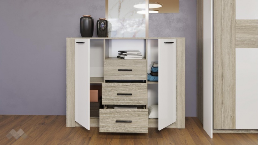 Спален комплект Дарк с включен матрак Бонел 160/200 дъб ойстър с бял гланц - изглед 9 - МебелМаг Спален комплект Дарк с включен матрак Бонел 160/200 дъб ойстър с бял гланц - изглед 9